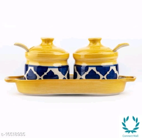 Pickle Jar| Achar Barni with Lid Spoon and Tray - Yellow